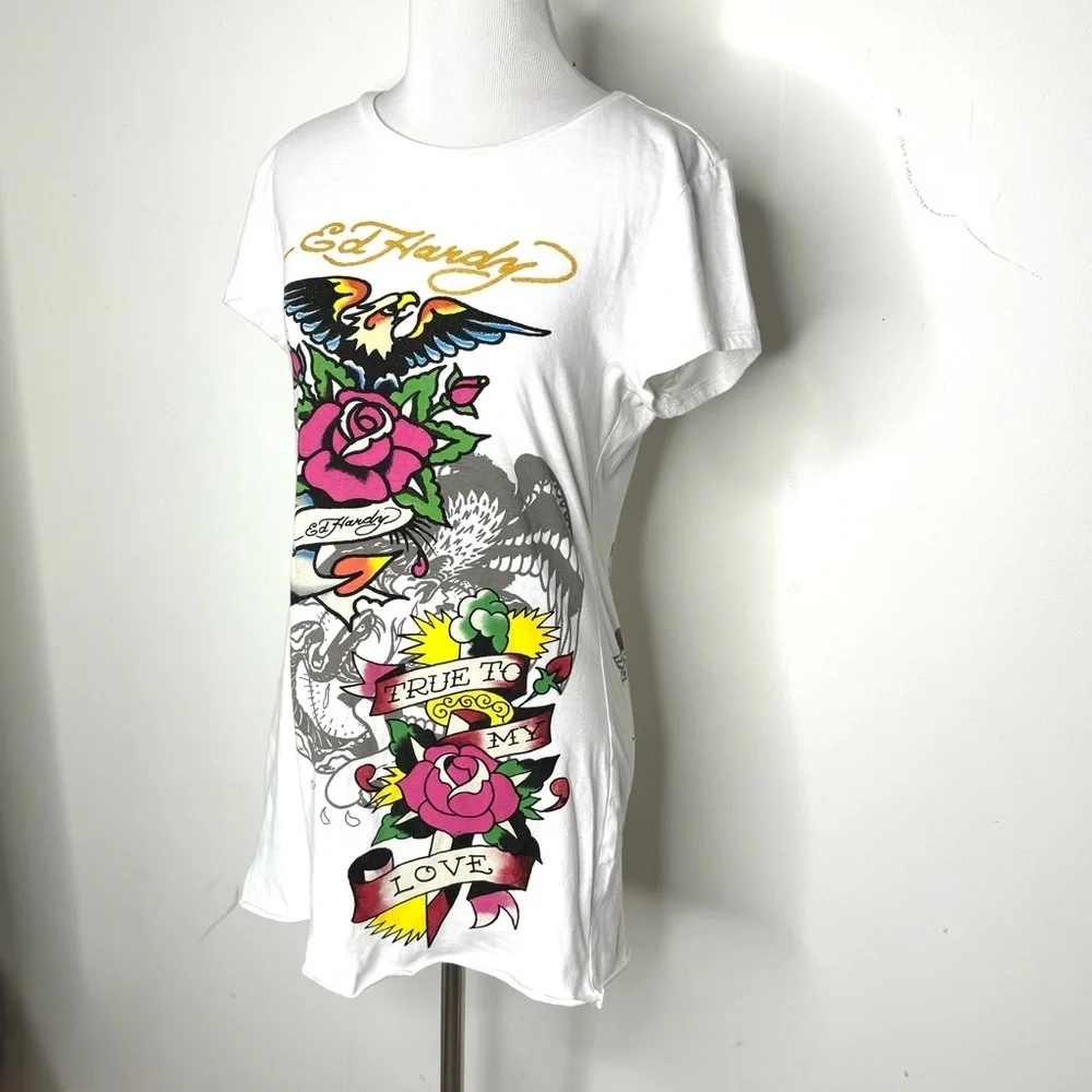 Ed Hardy Vintage Women's White Graphic Mini Dress y2k - Picture 2 of 9